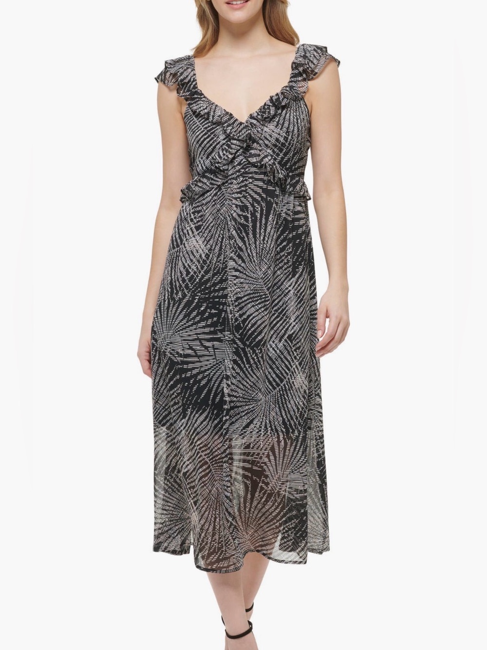Kensie Black & White Ruffle V-Neck Printed Midi Dress size 4